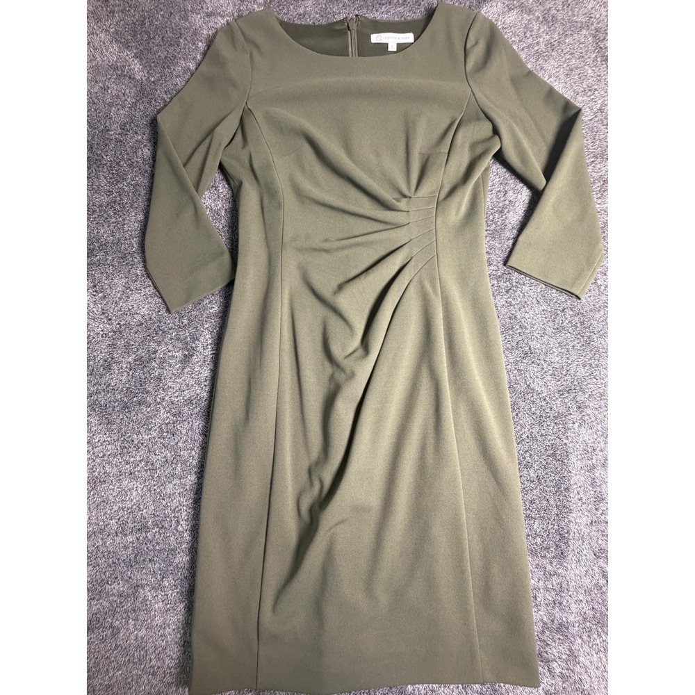 Preston & York Women Olive Green Pleated Sheath Dress 3/4 Sleeve Size 6
